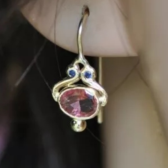 🌸Pink & Blue Topaz Owl Earrings in 14k Gold Plate - Picture 2 of 6